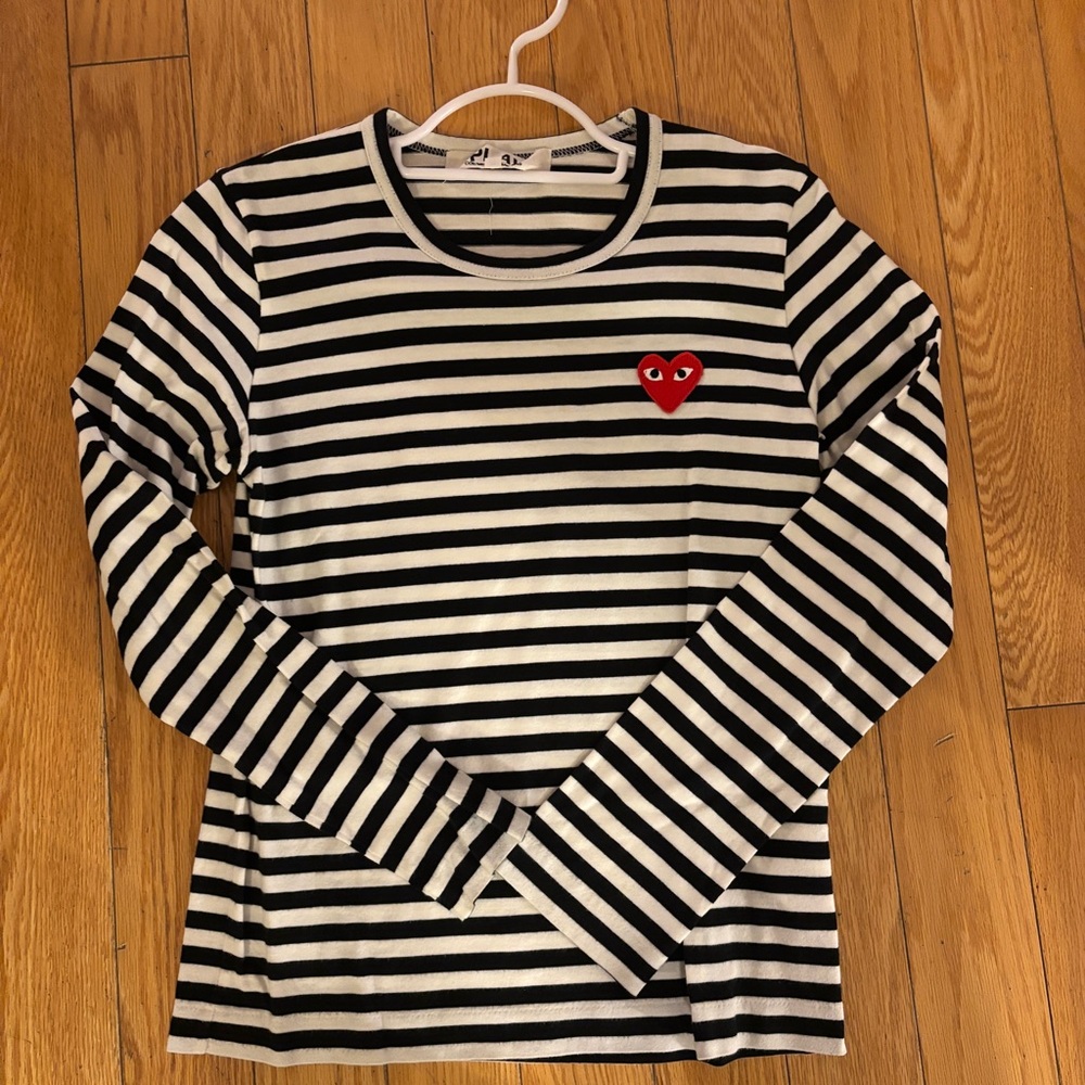 Comme des Garcons Black and White Striped Tee with Red Heart